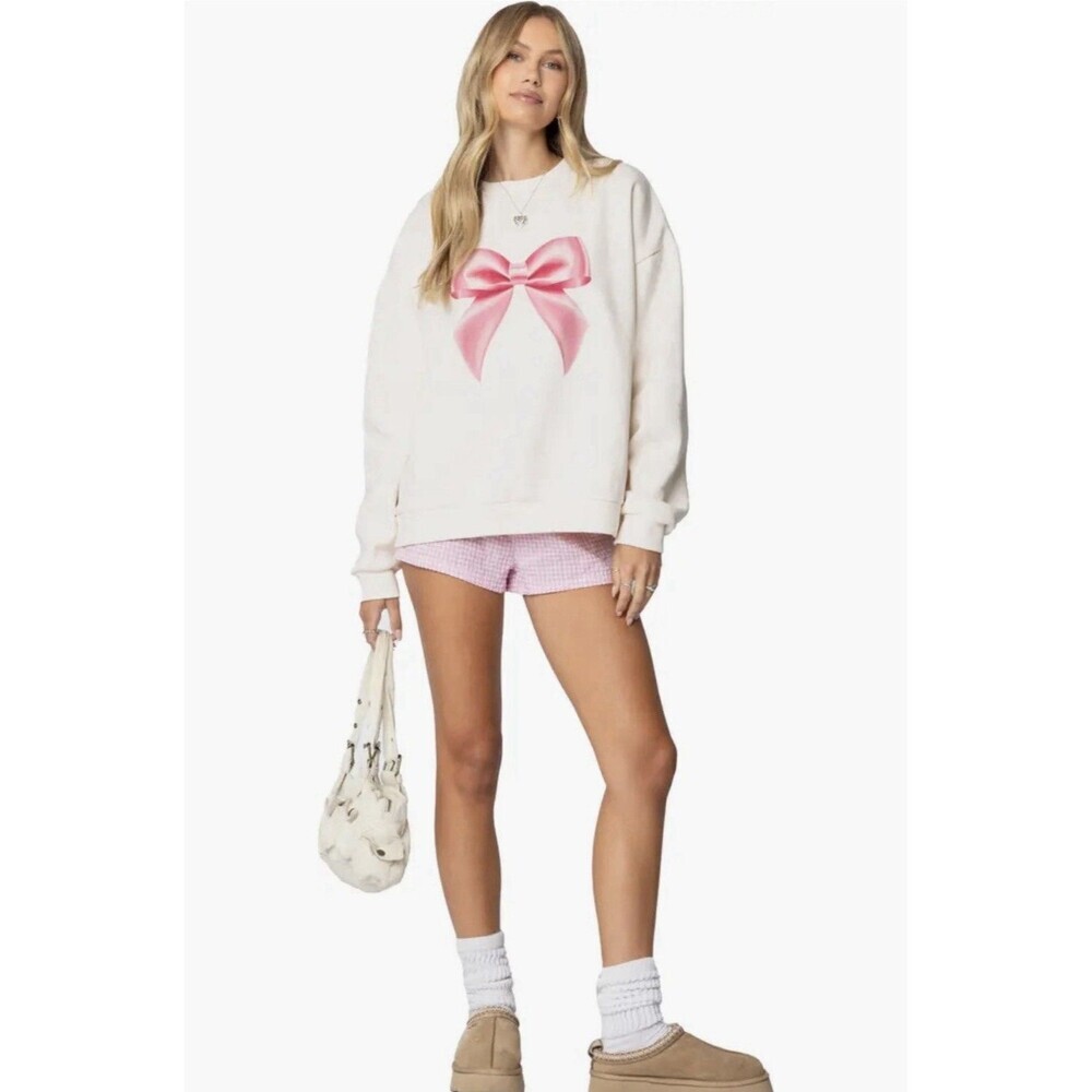 Edikted Sweatshirt Womens Small Cream Crewneck Pink Bow Pullover Fleece NWOT